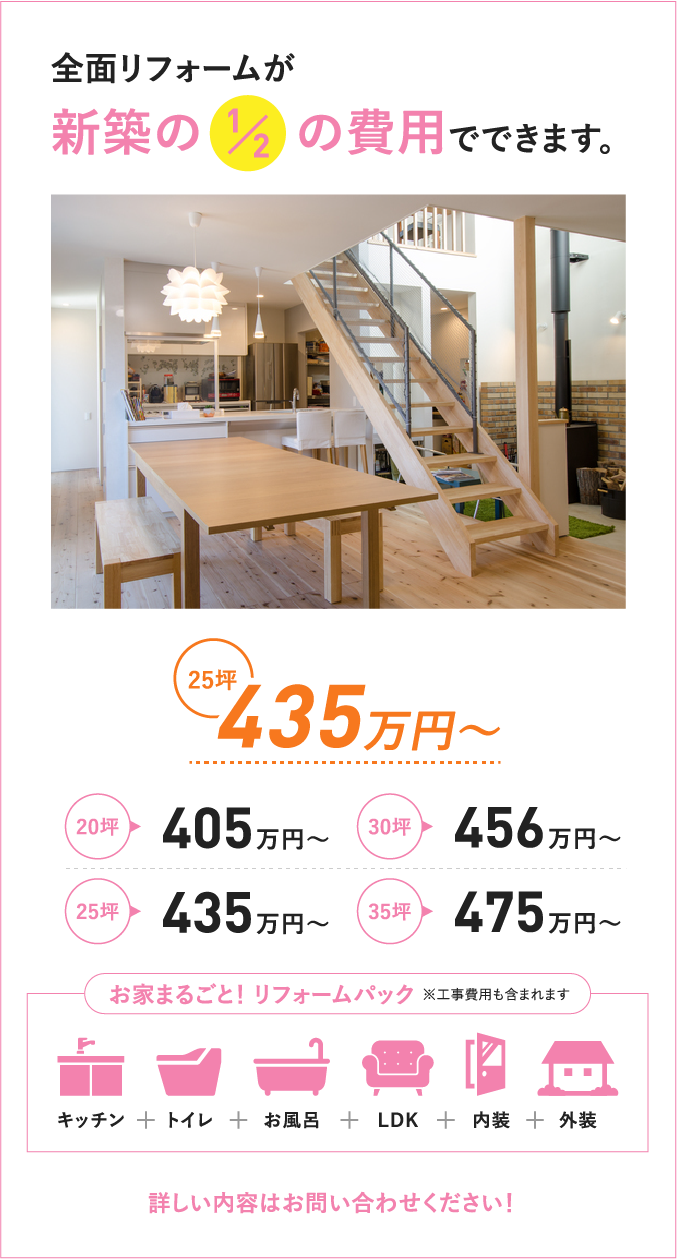 全面リフォームが新築の1/2の費用でできます。
